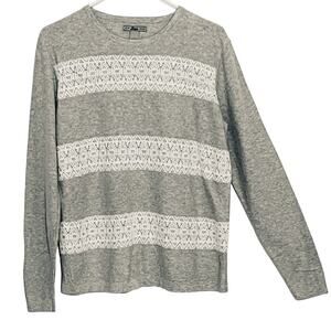 Bass Sweater Womens Size L Gray White Lace Stripe Long Sleeve Crew Neck Cotton